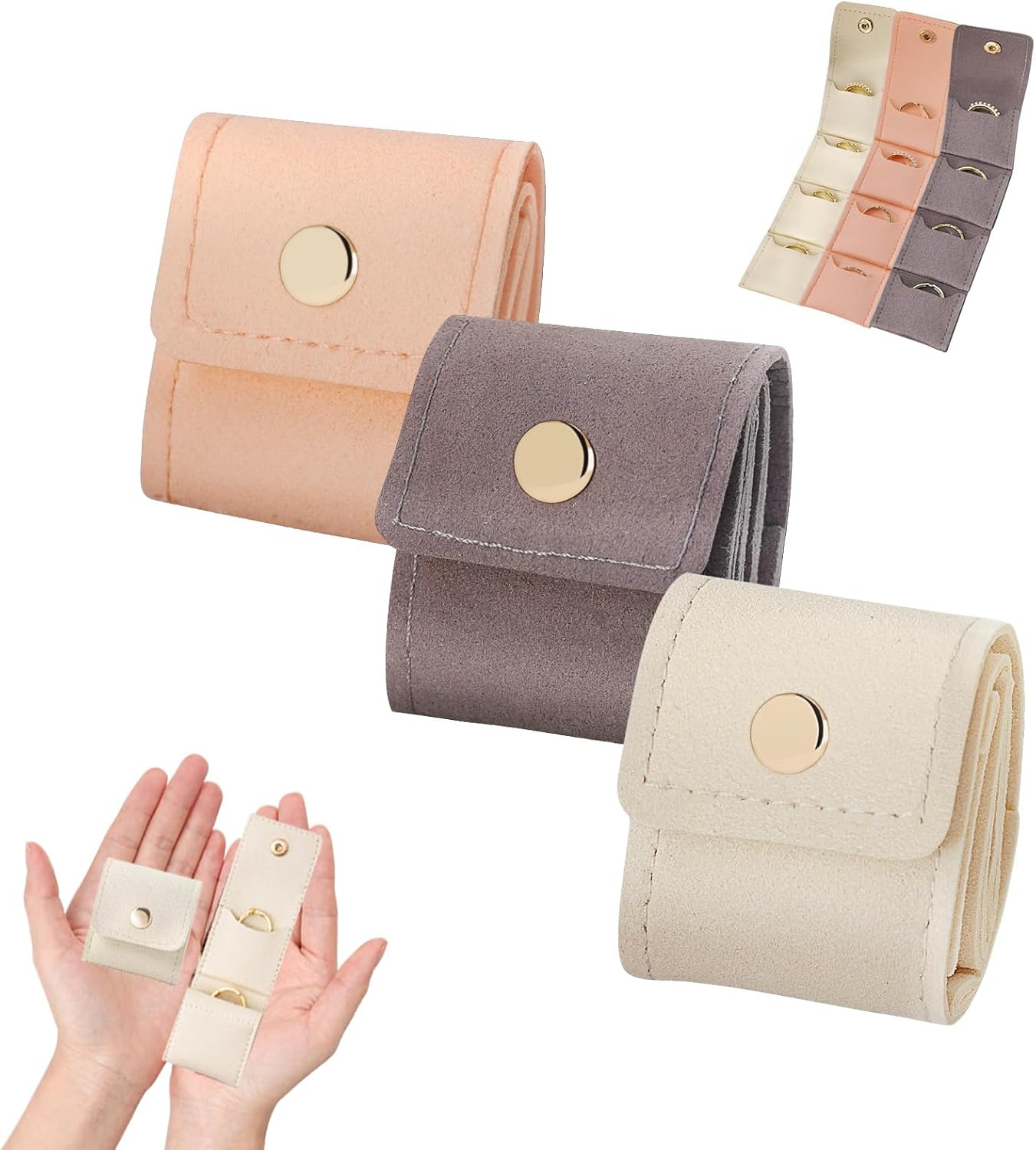 Folding roll-type portable jewelry pouch (three-piece set)
